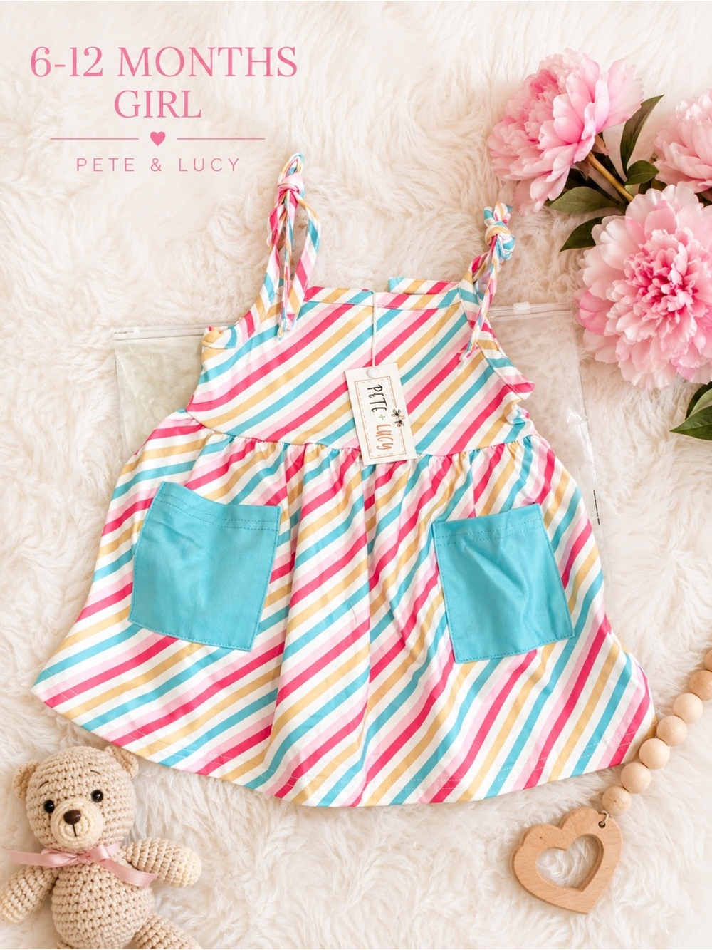 Girls' Multi-Stripe Sundress with Turquoise Pockets